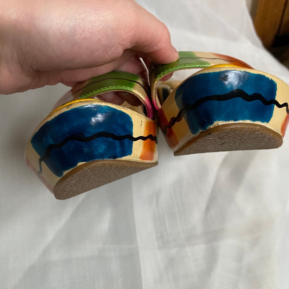 Y2K Wanted Bahama Yellow Colorblock Kitten Heel Slide Sandals 5 Artsy Resort 90s - Picture 4 of 7